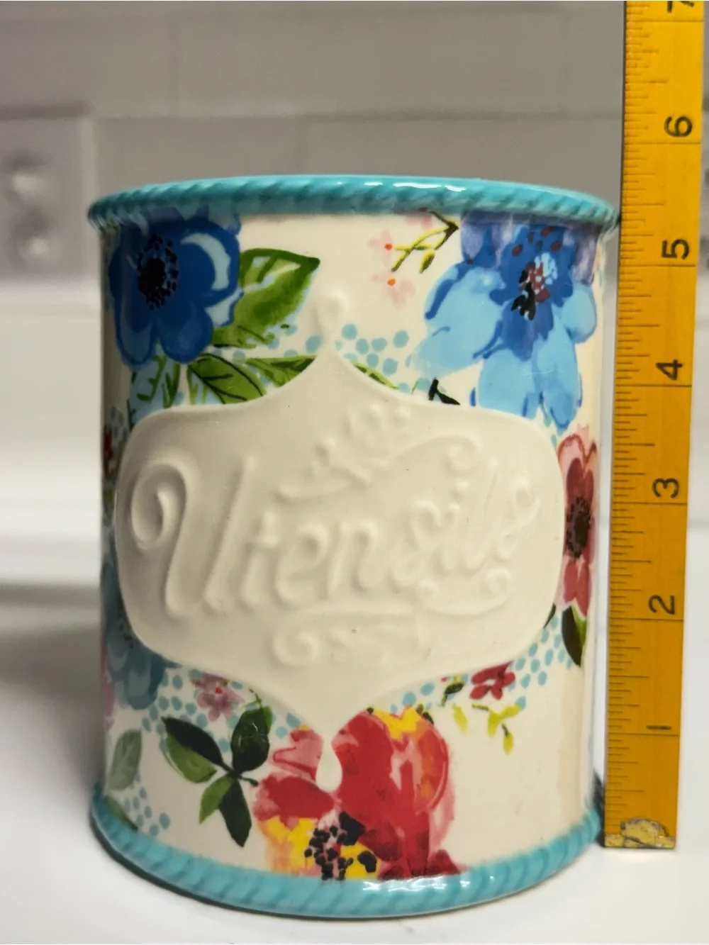 The Pioneer Woman Melody Stoneware Utensil Holder Turquoise Blue Floral